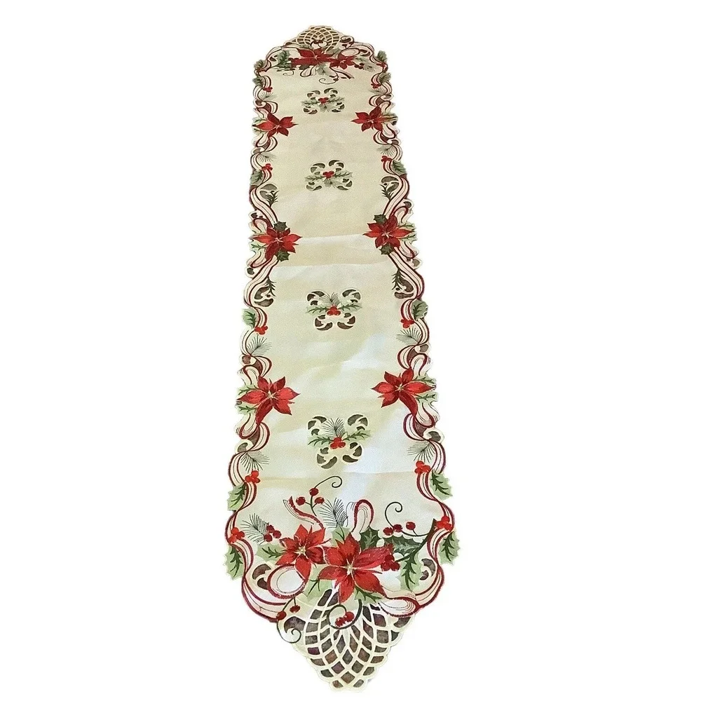 Christmas Table Runner 67x13 Poinsettia Holly Embroidered Cutwork Ivory Red